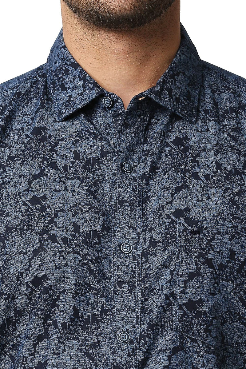 BASICS SLIM FIT INDIGO PRINTED SHIRT