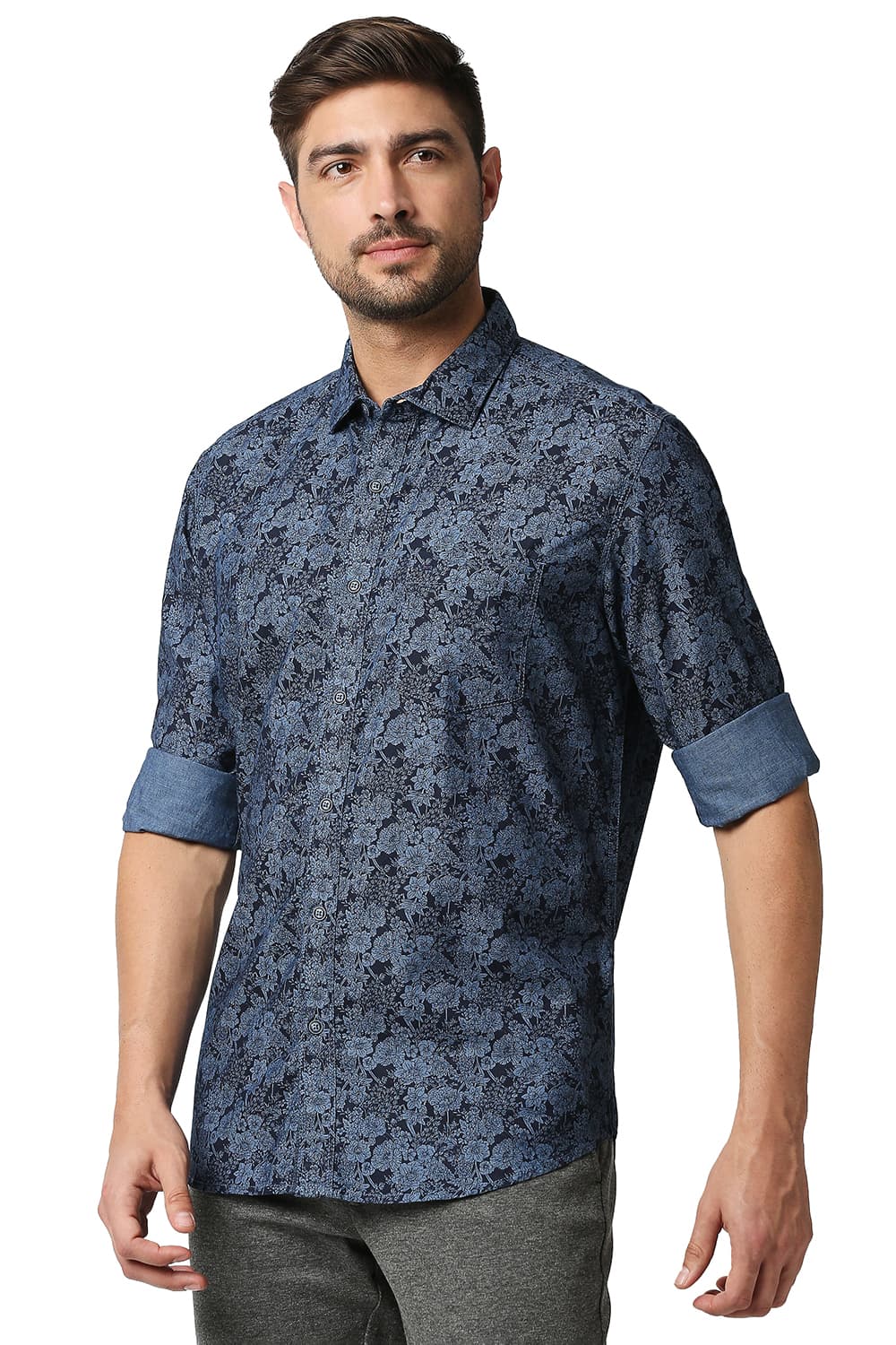 BASICS SLIM FIT INDIGO PRINTED SHIRT