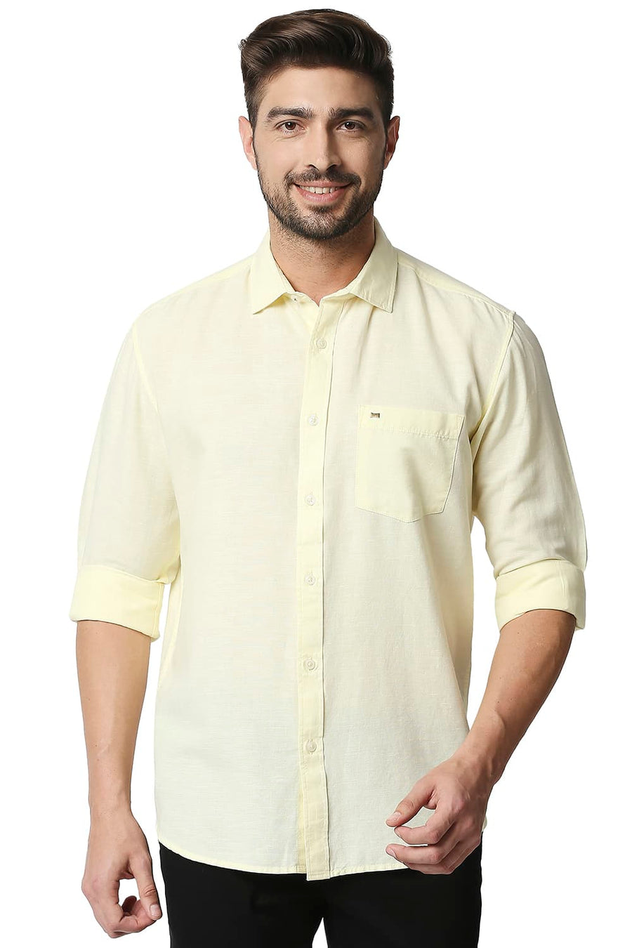 BASICS SLIM FIT TENDER YELLOW COTTON HEMP SHIRT