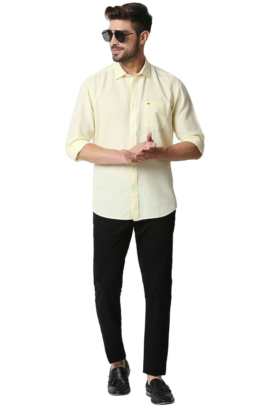 BASICS SLIM FIT TENDER YELLOW COTTON HEMP SHIRT