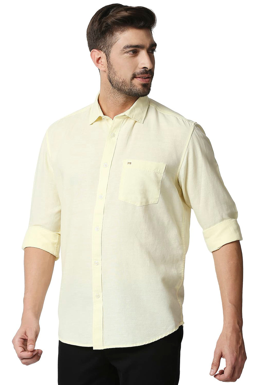 BASICS SLIM FIT TENDER YELLOW COTTON HEMP SHIRT