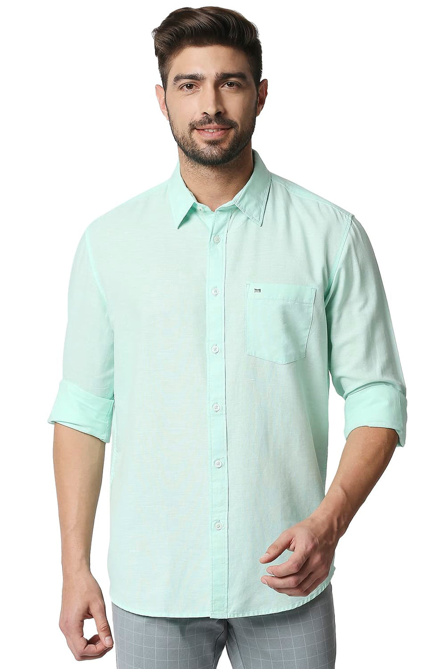 BASICS SLIM FIT BROOK GREEN COTTON HEMP SHIRT