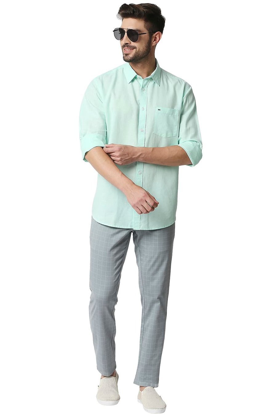 BASICS SLIM FIT BROOK GREEN COTTON HEMP SHIRT