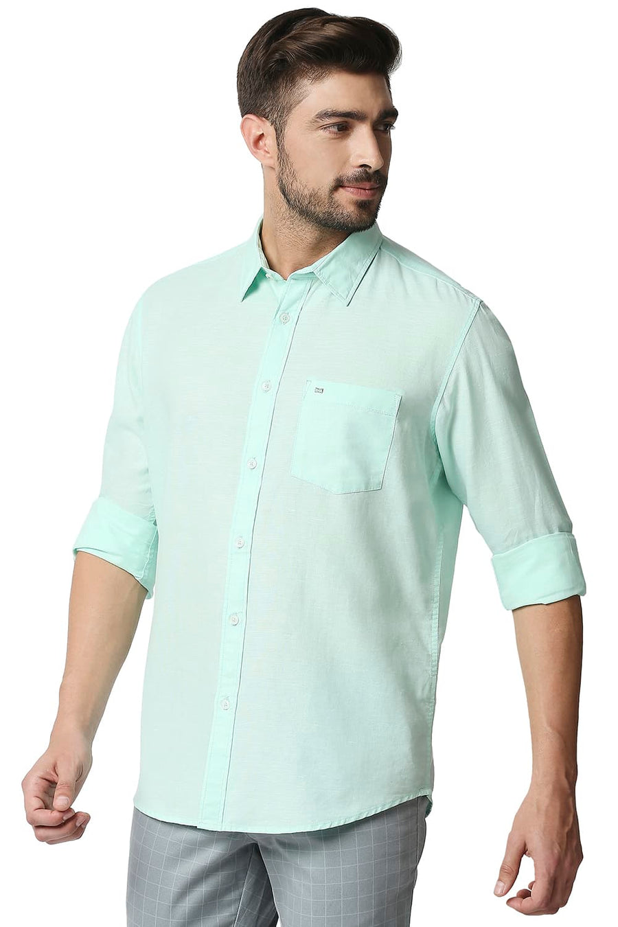 BASICS SLIM FIT BROOK GREEN COTTON HEMP SHIRT