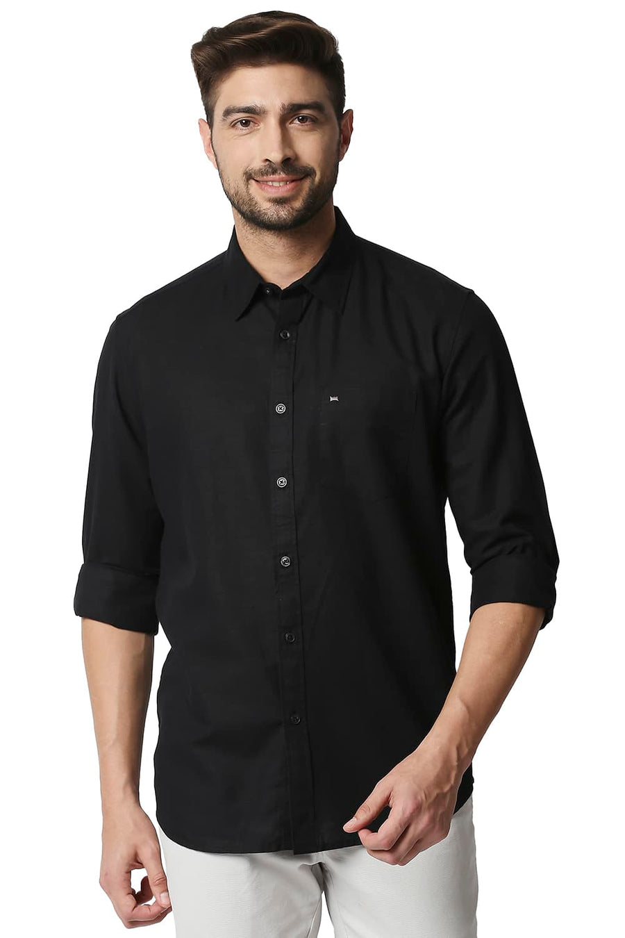 BASICS SLIM FIT CHARCOAL BLACK COTTON HEMP SHIRT