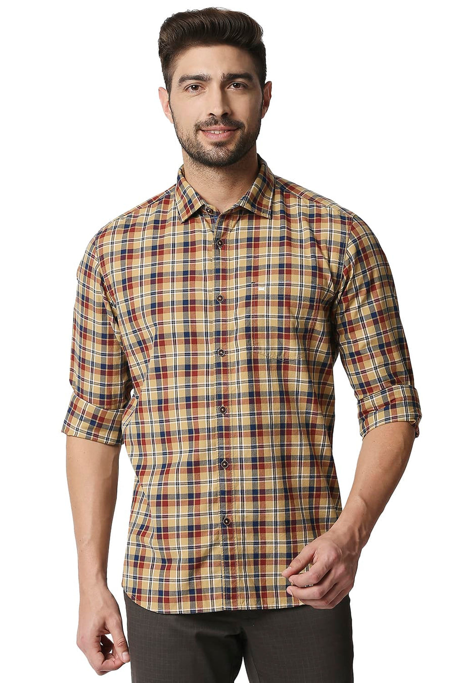 BASICS SLIM FIT LARK KHAKI OXFORD CHECKS SHIRT