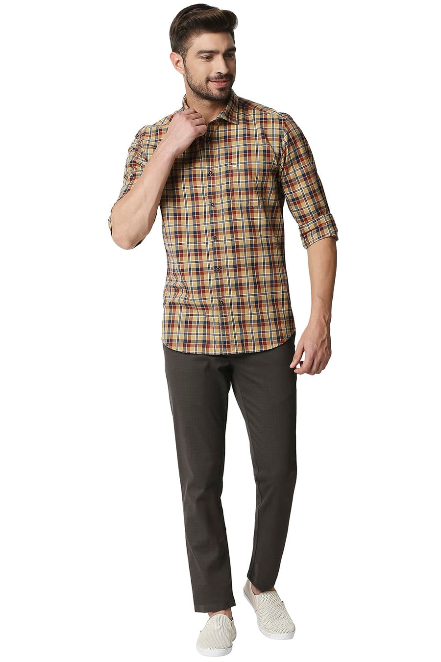 BASICS SLIM FIT LARK KHAKI OXFORD CHECKS SHIRT