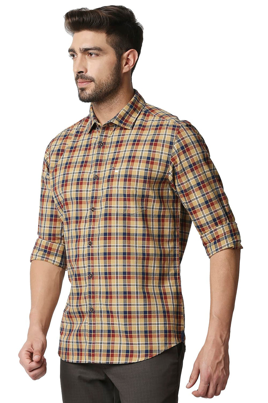 BASICS SLIM FIT LARK KHAKI OXFORD CHECKS SHIRT