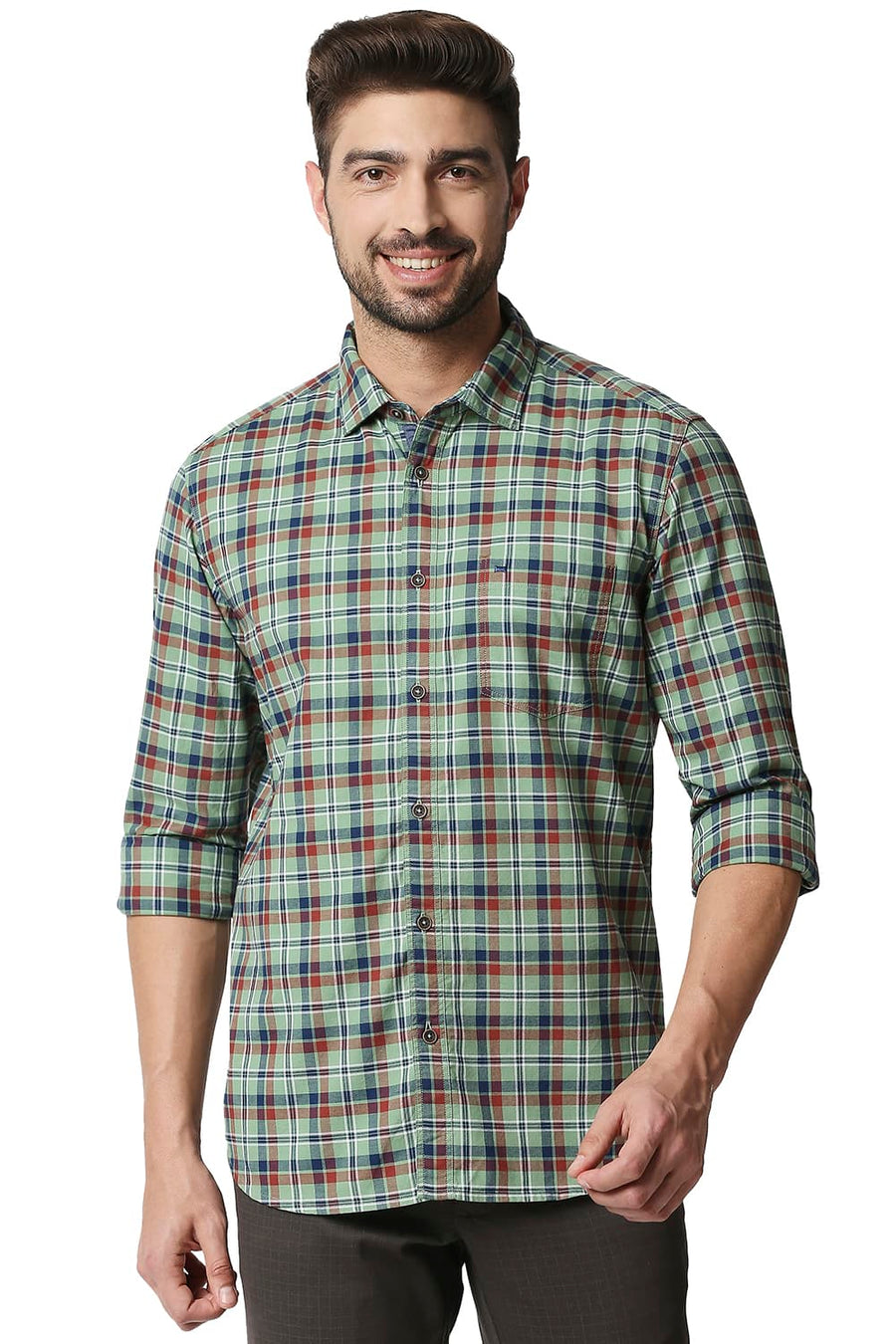 BASICS SLIM FIT BASIL GREEN OXFORD CHECKS SHIRT
