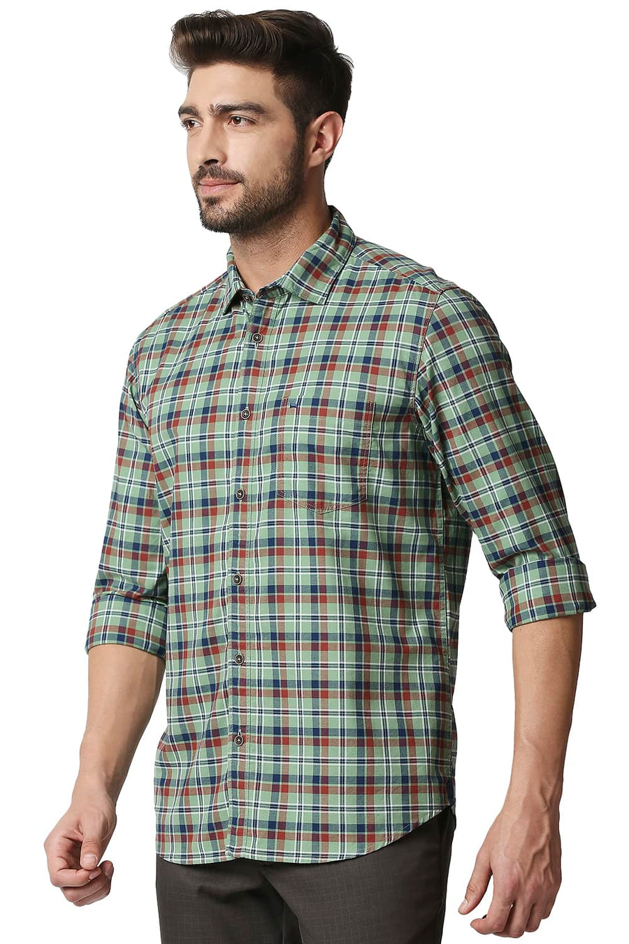 BASICS SLIM FIT BASIL GREEN OXFORD CHECKS SHIRT