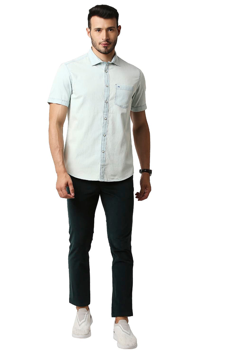 BASICS SLIM FIT INDIGO PLAIN HALFSLEEVES SHIRT