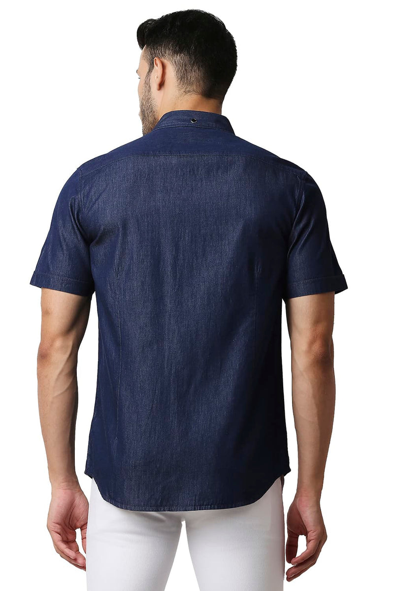 BASICS SLIM FIT INDIGO PLAIN HALFSLEEVES SHIRT