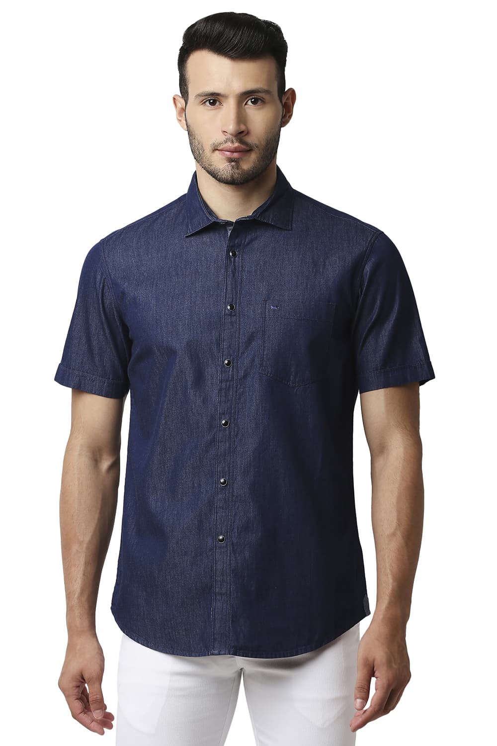 BASICS SLIM FIT INDIGO PLAIN HALFSLEEVES SHIRT