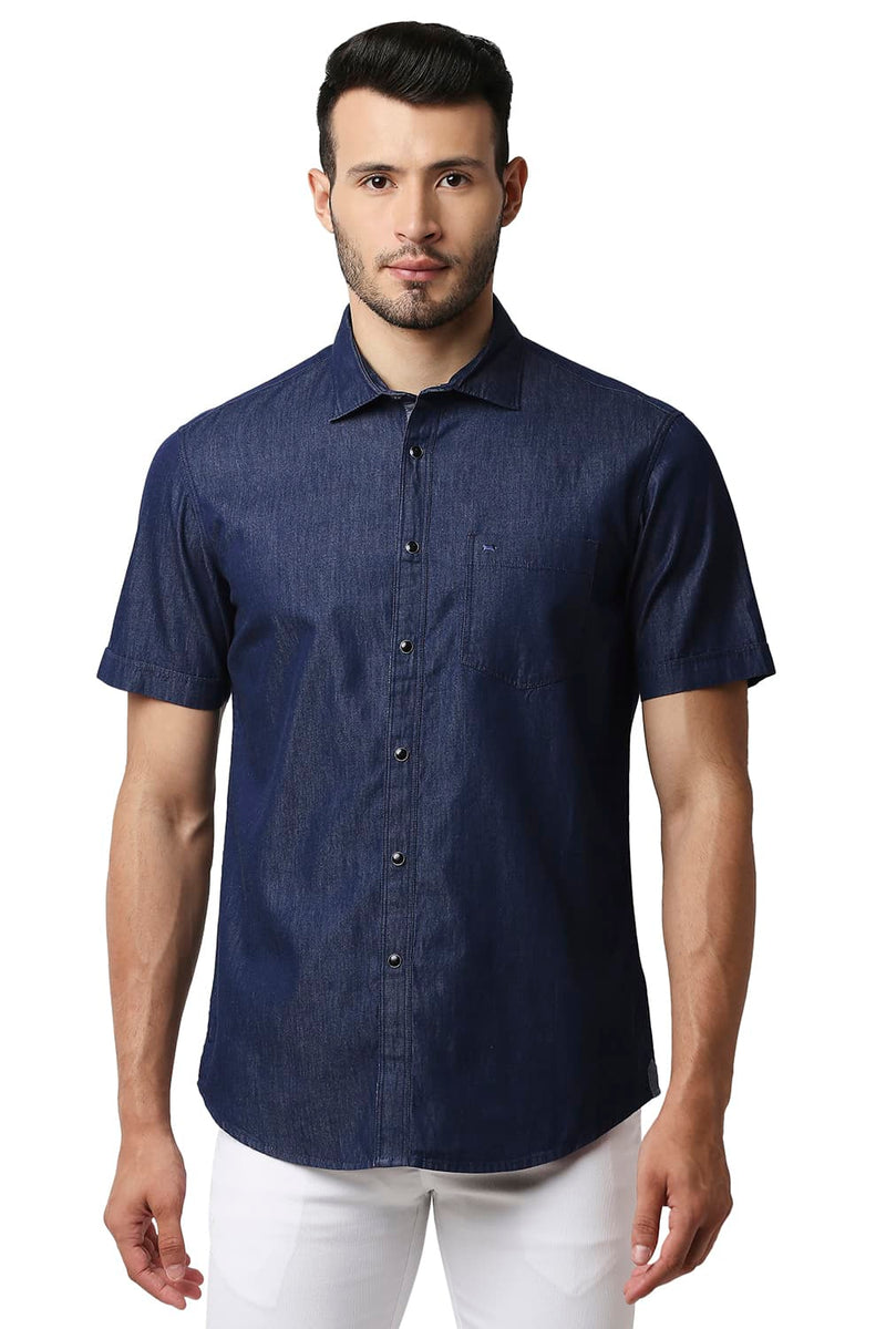 BASICS SLIM FIT INDIGO PLAIN HALFSLEEVES SHIRT