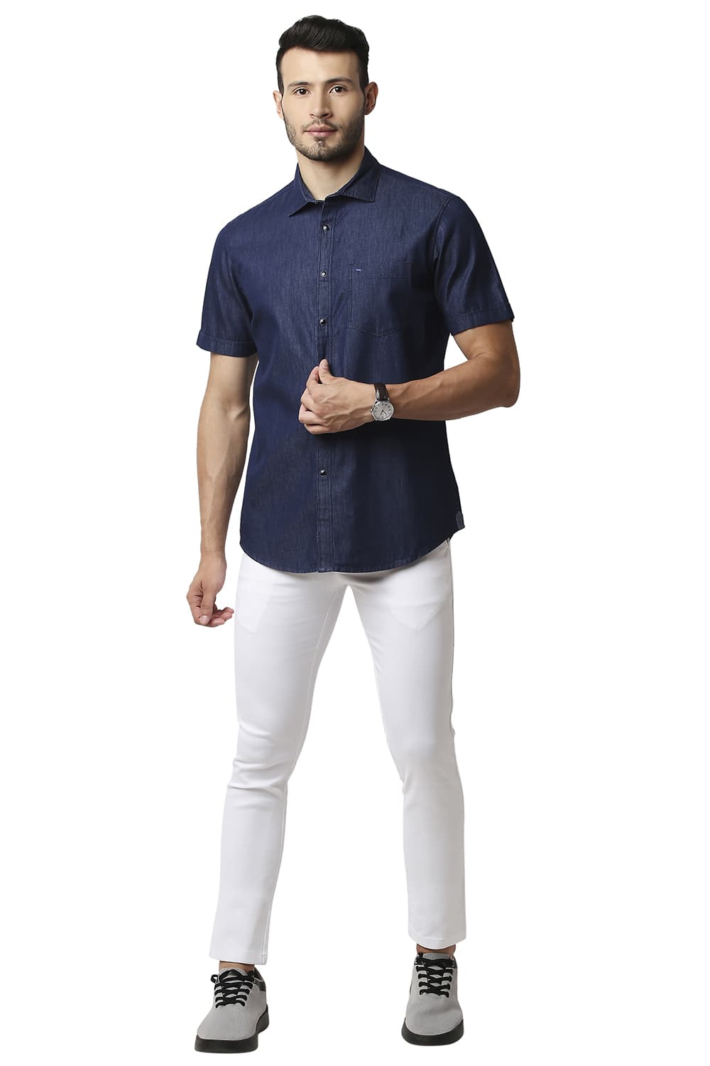 BASICS SLIM FIT INDIGO PLAIN HALFSLEEVES SHIRT