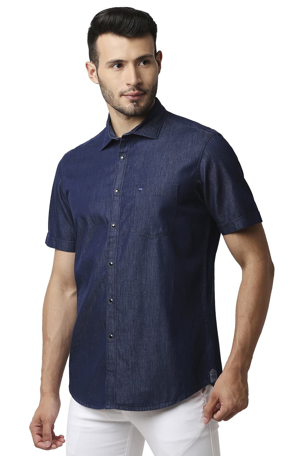 BASICS SLIM FIT INDIGO PLAIN HALFSLEEVES SHIRT