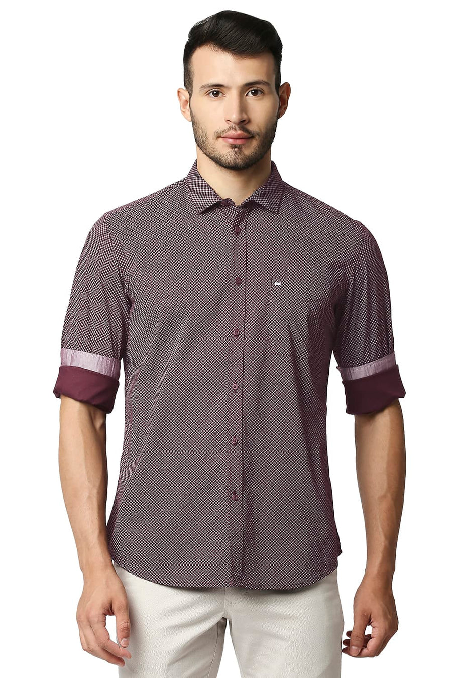 BASICS SLIM FIT PORT MAROON OXFORD PRINTED SHIRT