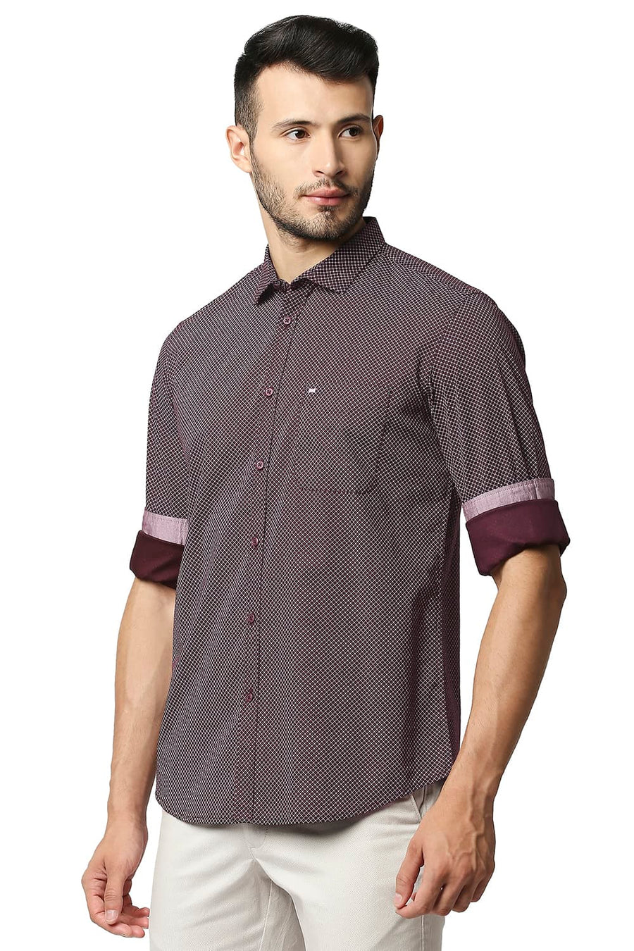 BASICS SLIM FIT PORT MAROON OXFORD PRINTED SHIRT