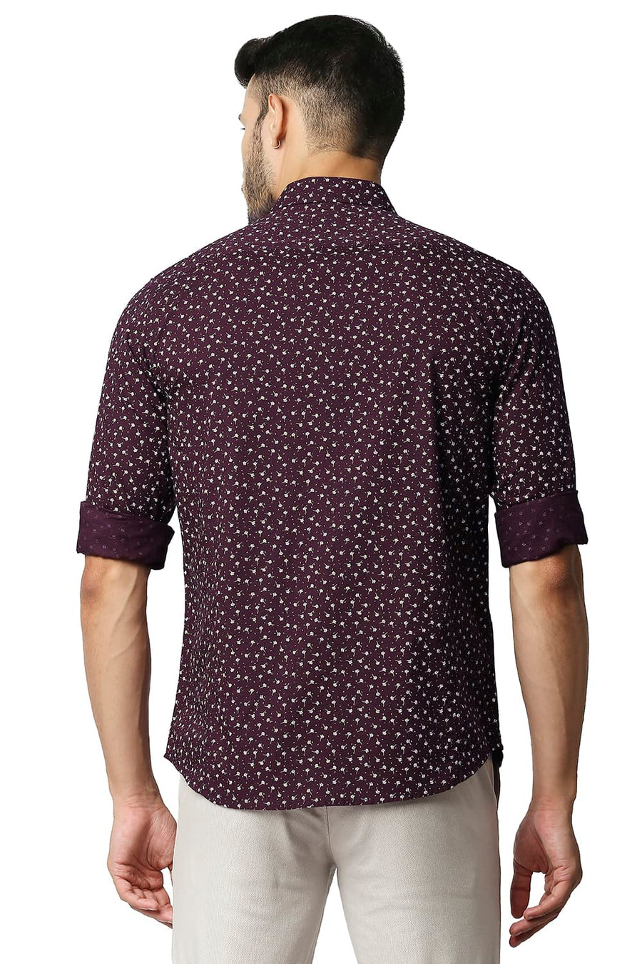 BASICS SLIM FIT FIG MAROON COTTON SLUB PRINTED SHIRT