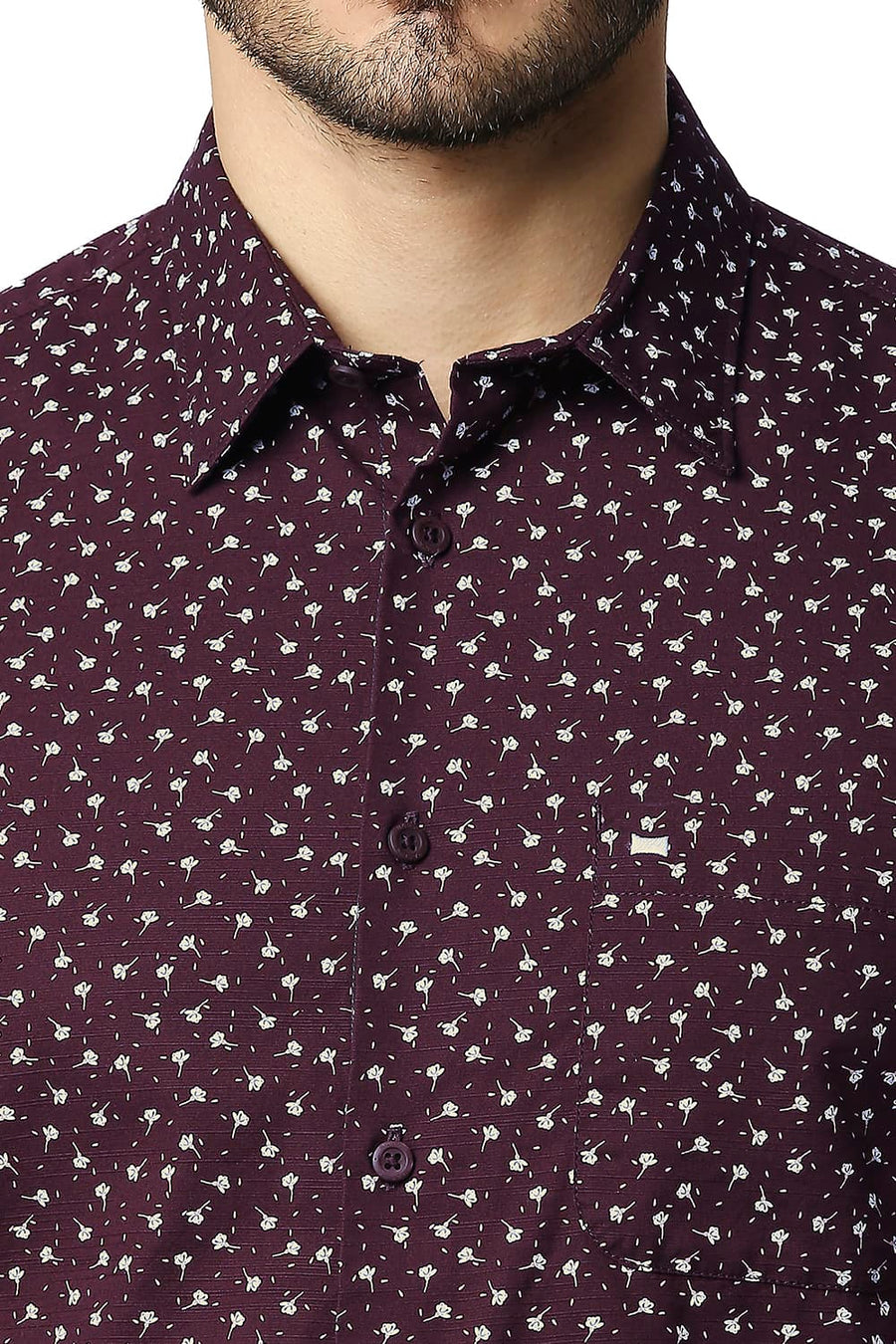 BASICS SLIM FIT FIG MAROON COTTON SLUB PRINTED SHIRT