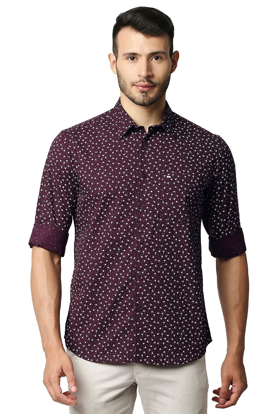 BASICS SLIM FIT FIG MAROON COTTON SLUB PRINTED SHIRT