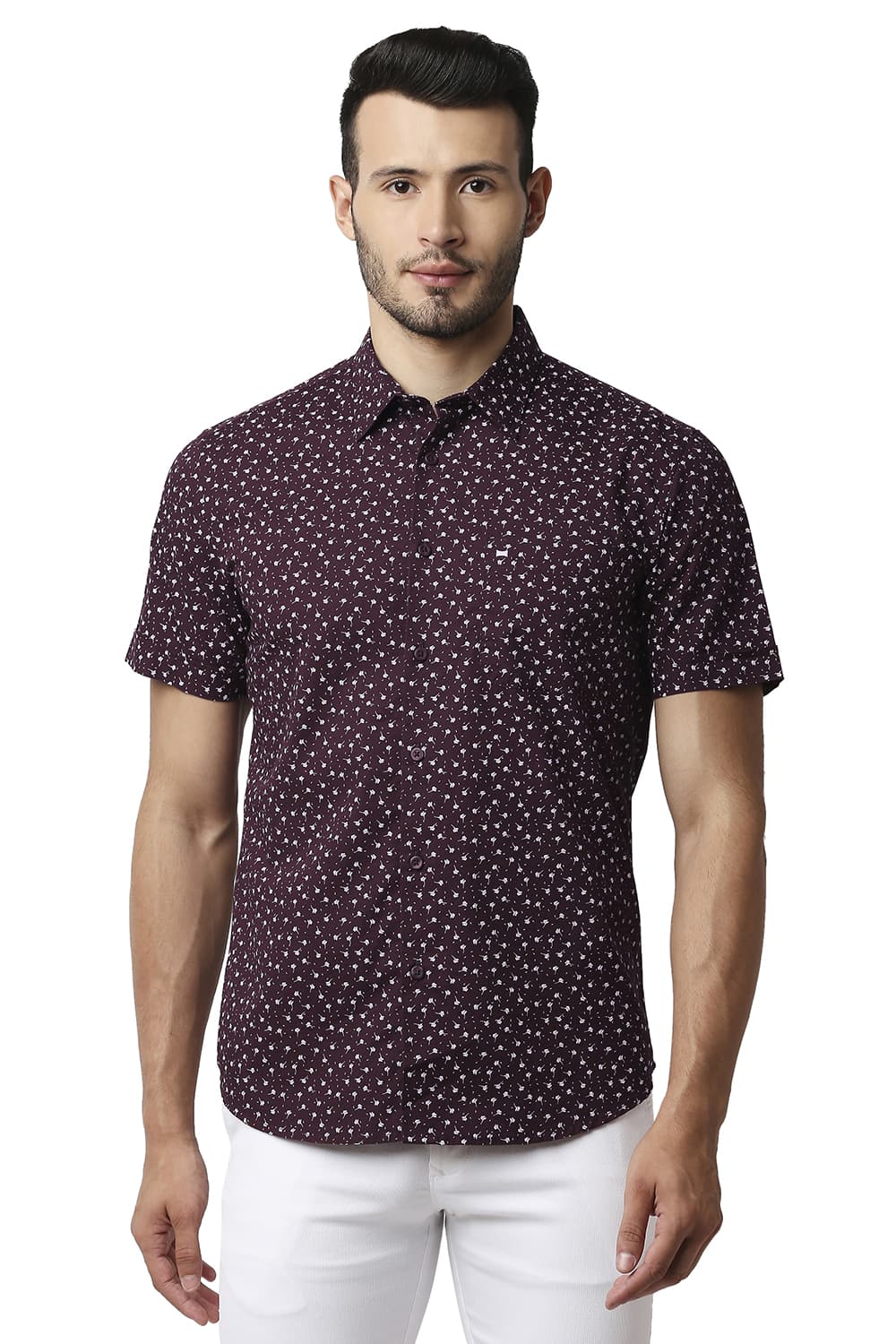 BASICS SLIM FIT COTTON SLUB PRINTED SHIRT