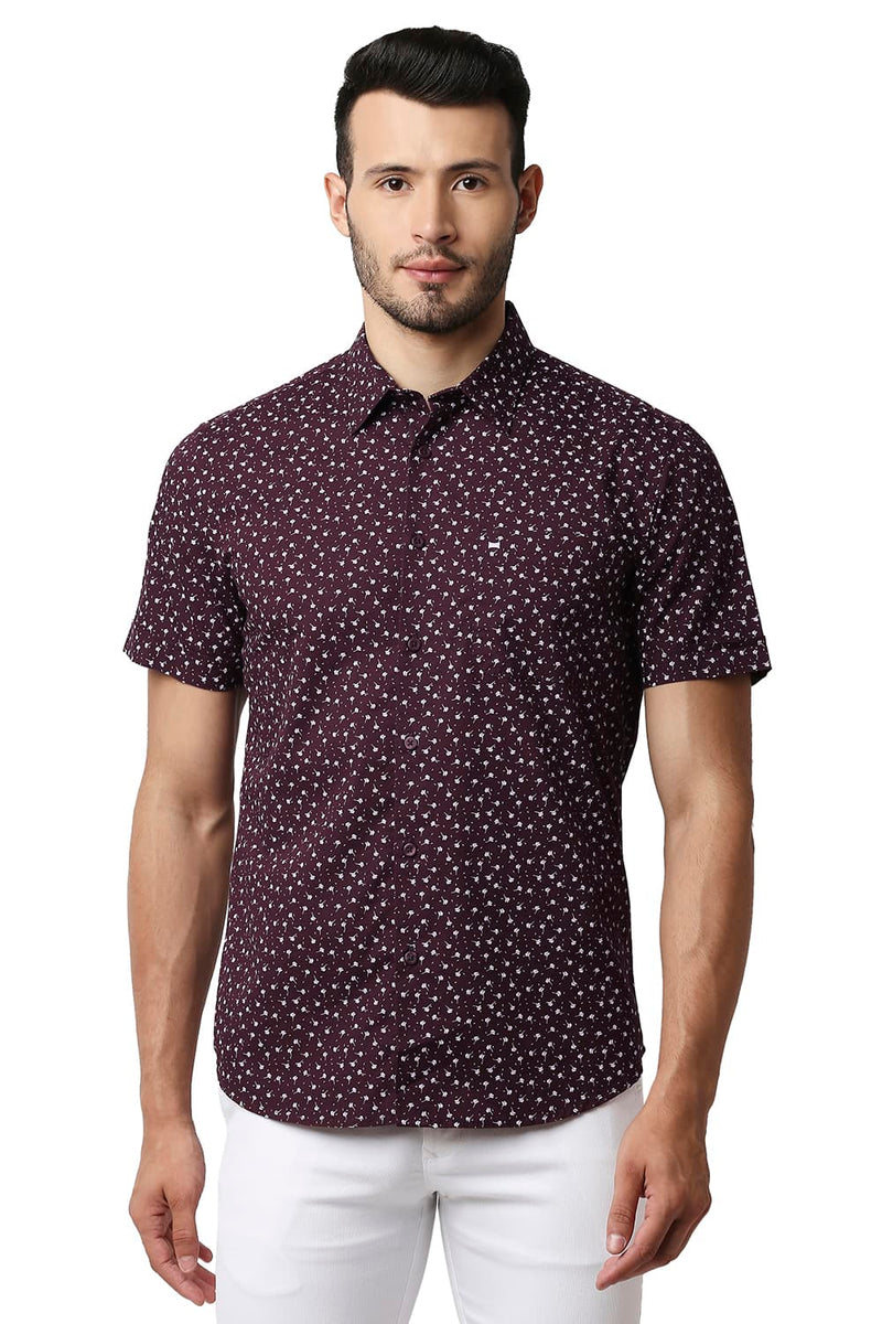 BASICS SLIM FIT COTTON SLUB PRINTED SHIRT