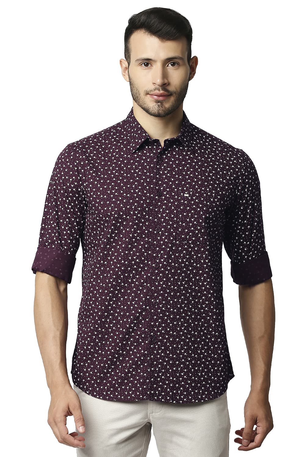 BASICS SLIM FIT COTTON SLUB PRINTED SHIRT