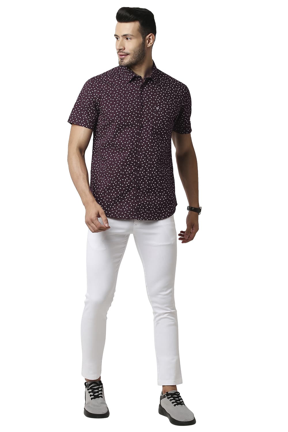 BASICS SLIM FIT COTTON SLUB PRINTED HALFSLEEVES SHIRT