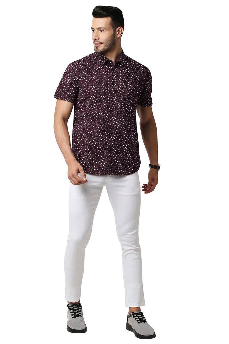 BASICS SLIM FIT COTTON SLUB PRINTED HALFSLEEVES SHIRT