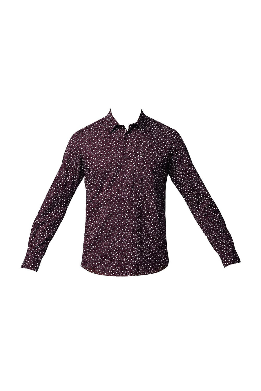 BASICS SLIM FIT FIG MAROON COTTON SLUB PRINTED SHIRT