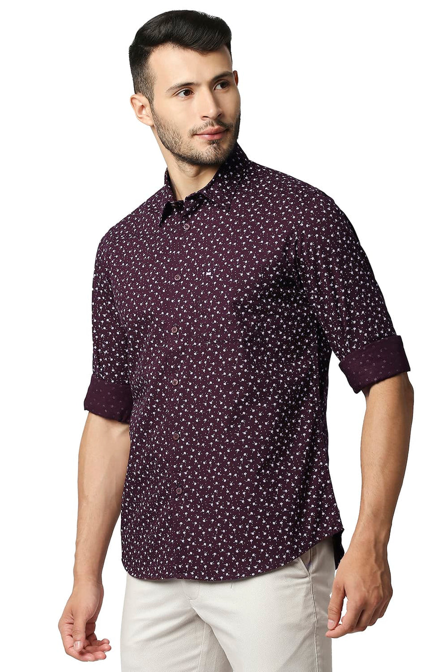BASICS SLIM FIT FIG MAROON COTTON SLUB PRINTED SHIRT