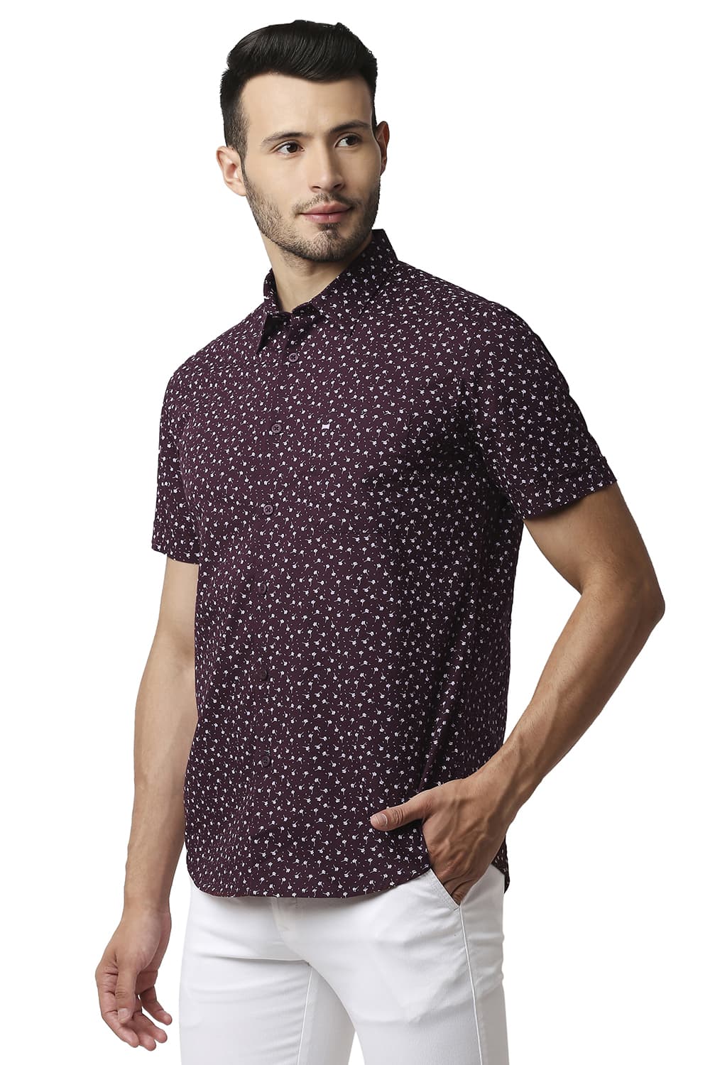 BASICS SLIM FIT COTTON SLUB PRINTED HALFSLEEVES SHIRT