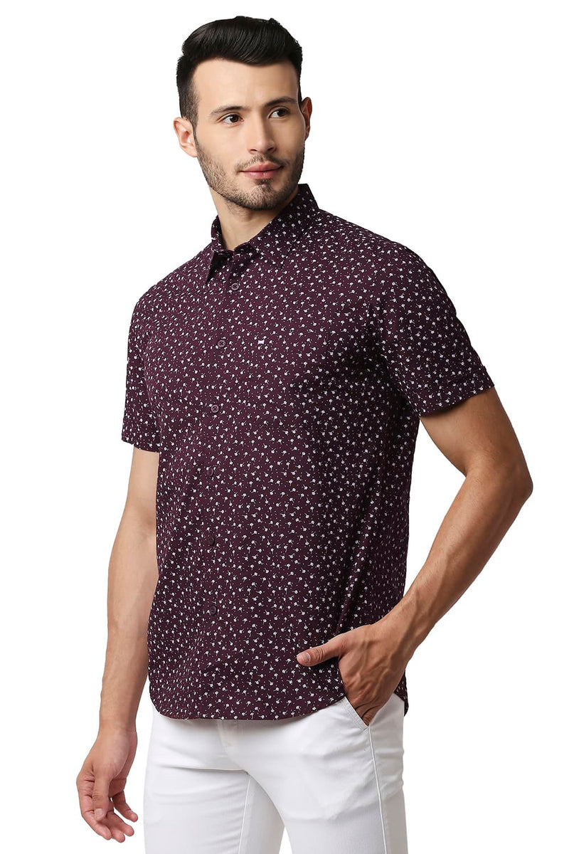 BASICS SLIM FIT COTTON SLUB PRINTED HALFSLEEVES SHIRT