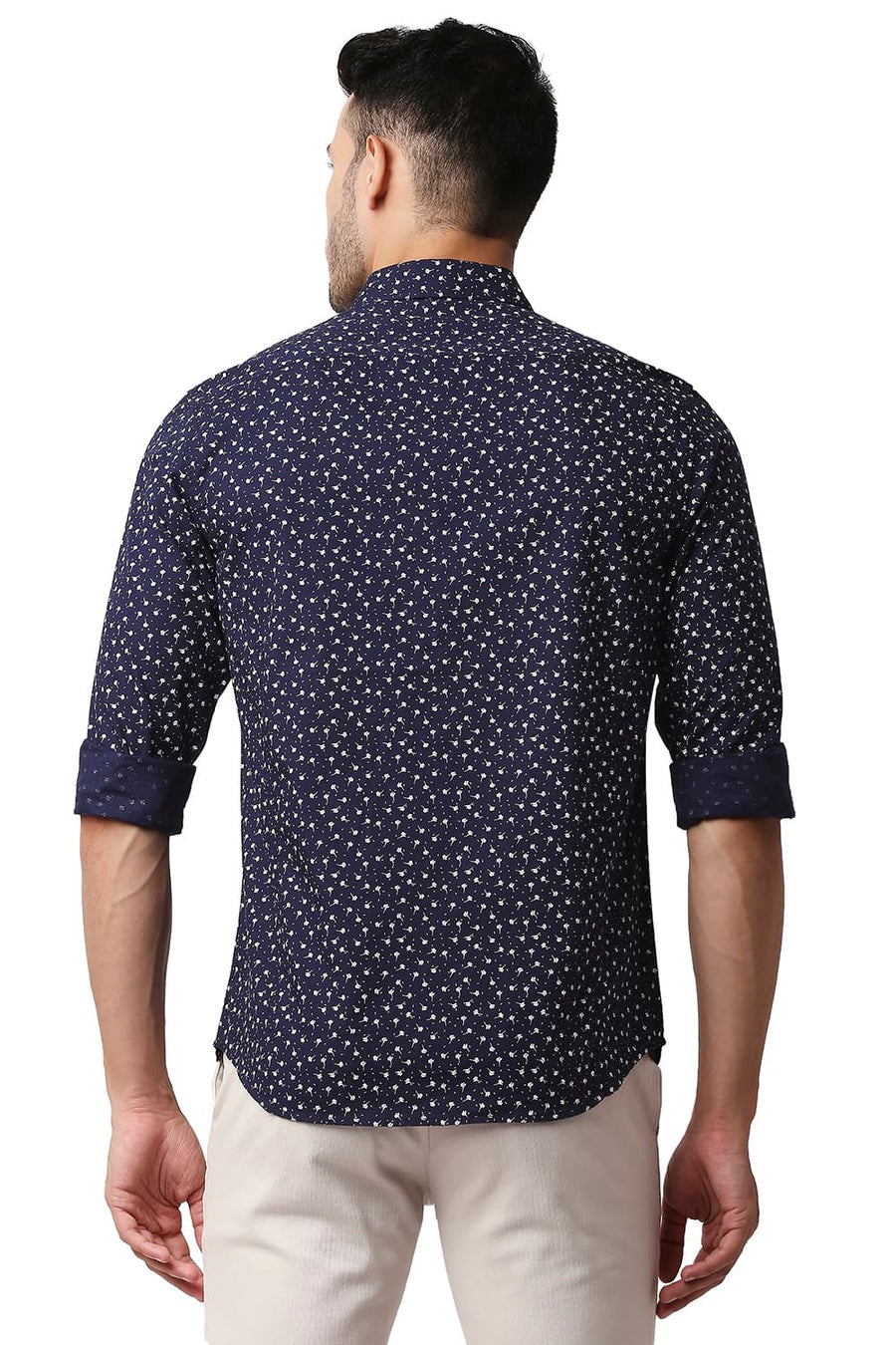 BASICS SLIM FIT INSIGNIA NAVY COTTON SLUB PRINTED SHIRT