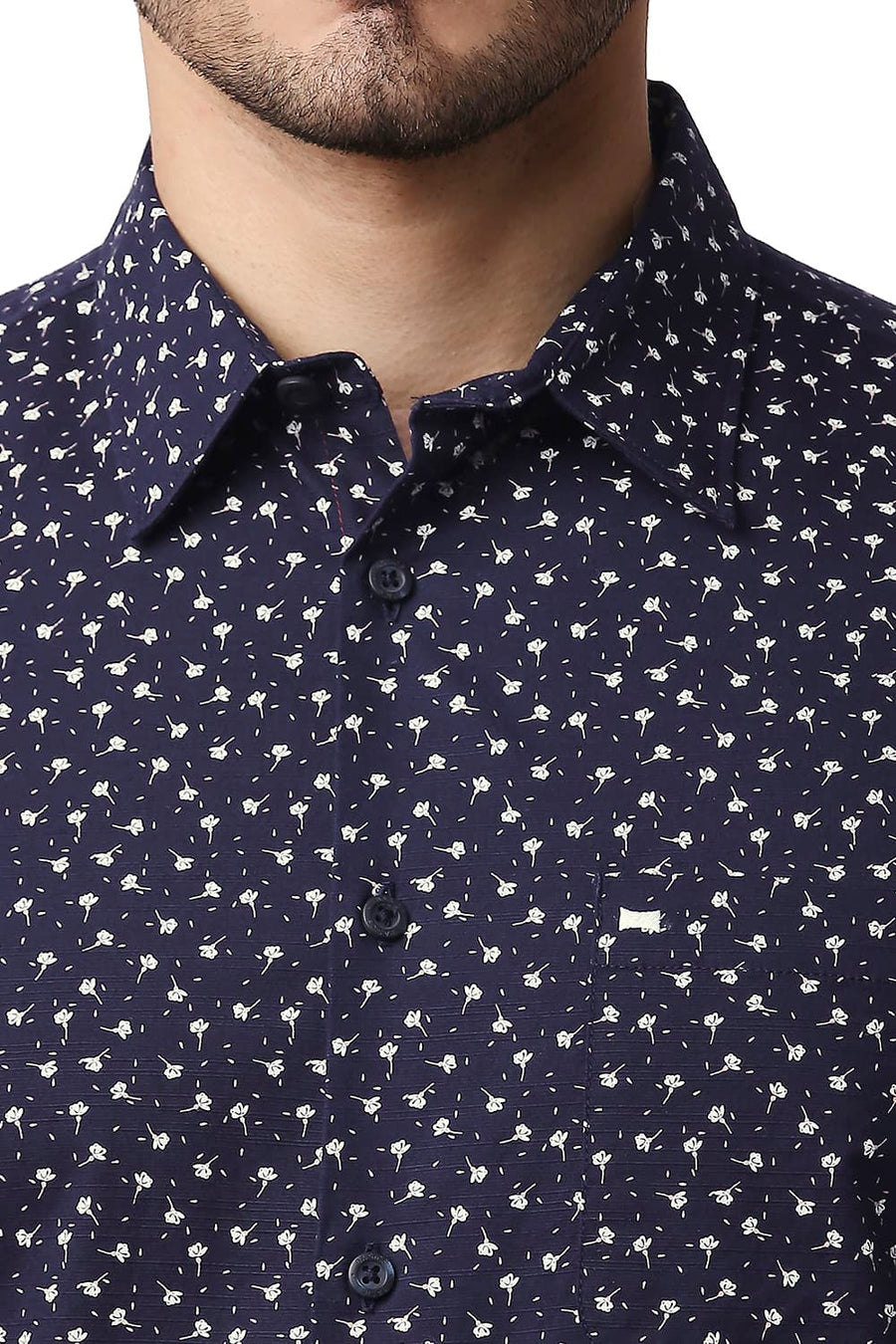 BASICS SLIM FIT INSIGNIA NAVY COTTON SLUB PRINTED SHIRT