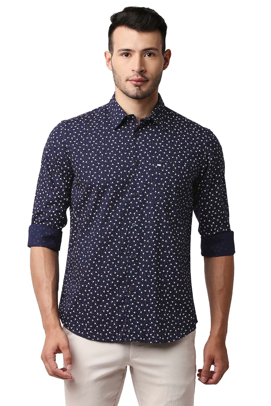 BASICS SLIM FIT INSIGNIA NAVY COTTON SLUB PRINTED SHIRT