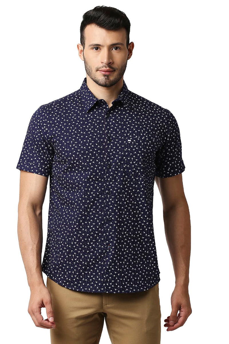 BASICS SLIM FIT COTTON SLUB PRINTED HALFSLEEVES SHIRT