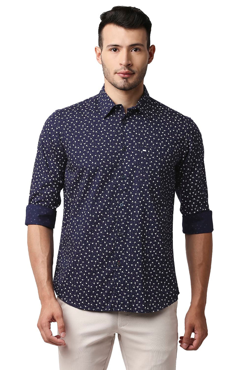 BASICS SLIM FIT COTTON SLUB PRINTED SHIRT