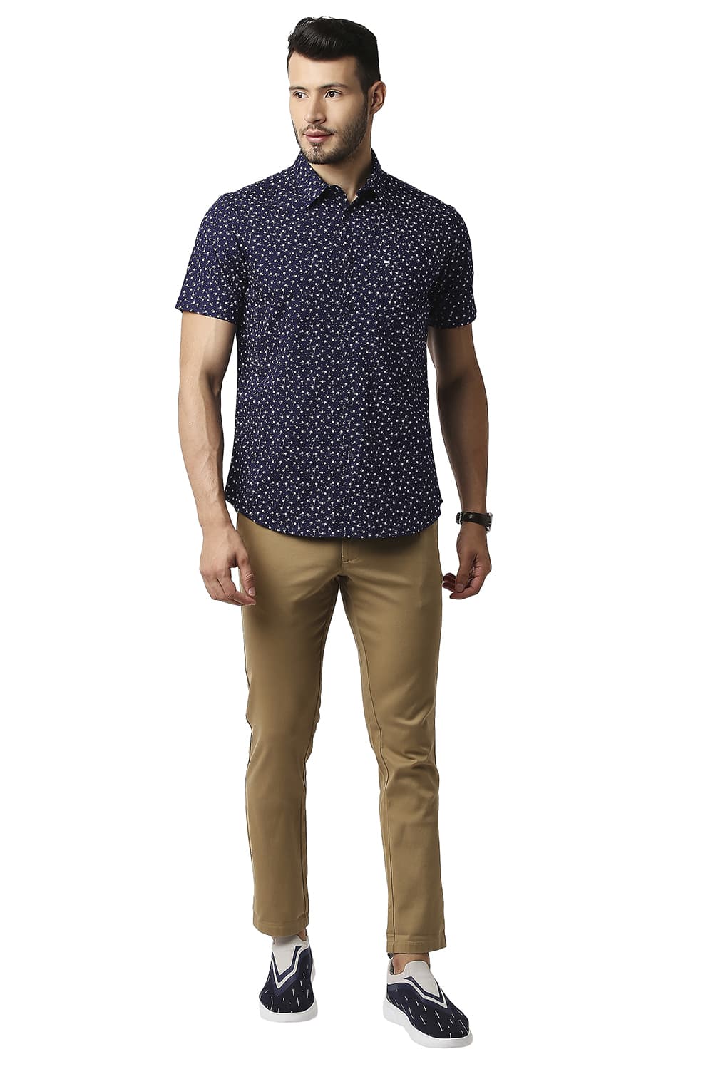 BASICS SLIM FIT COTTON SLUB PRINTED HALFSLEEVES SHIRT