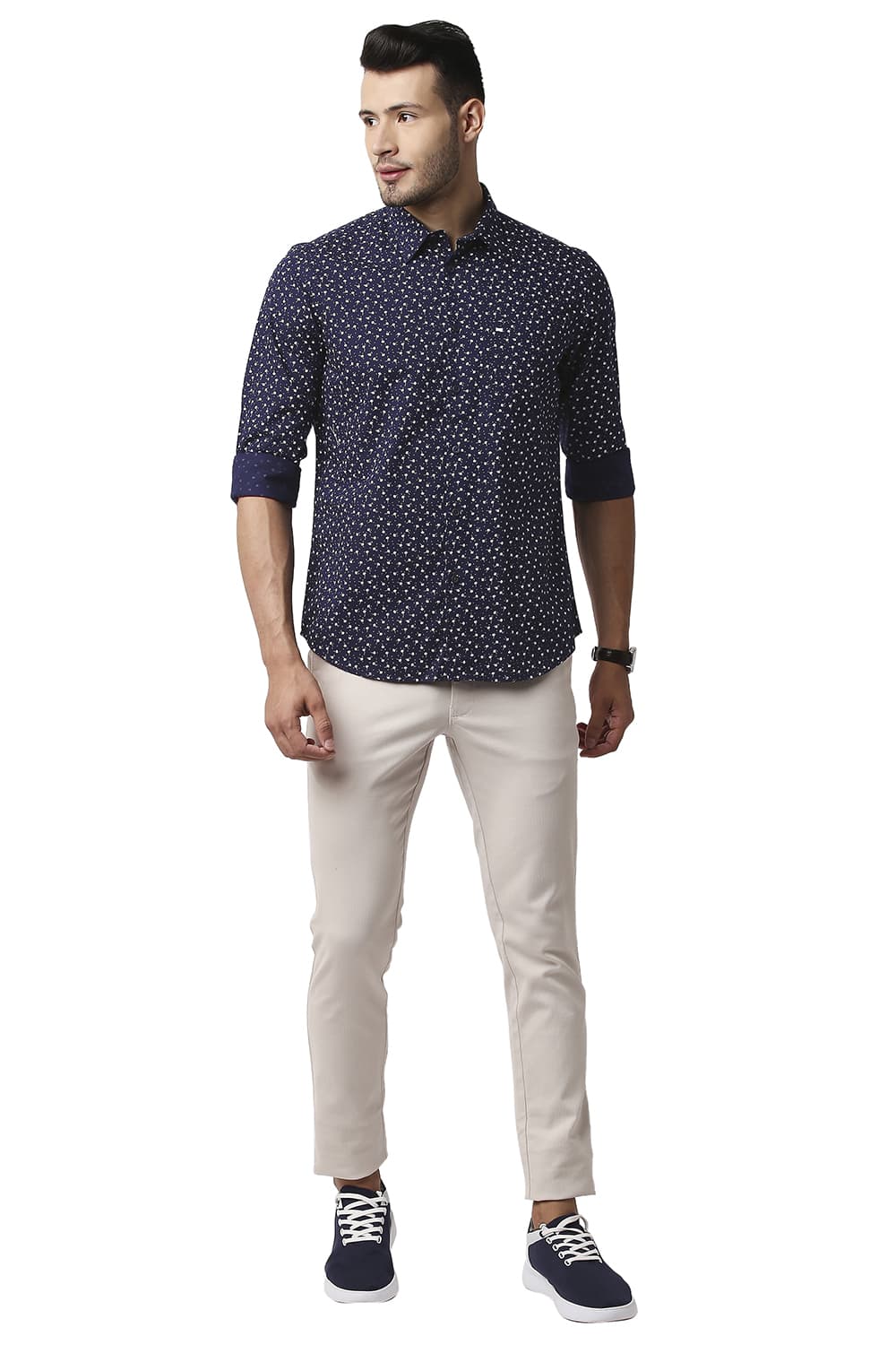 BASICS SLIM FIT COTTON SLUB PRINTED SHIRT