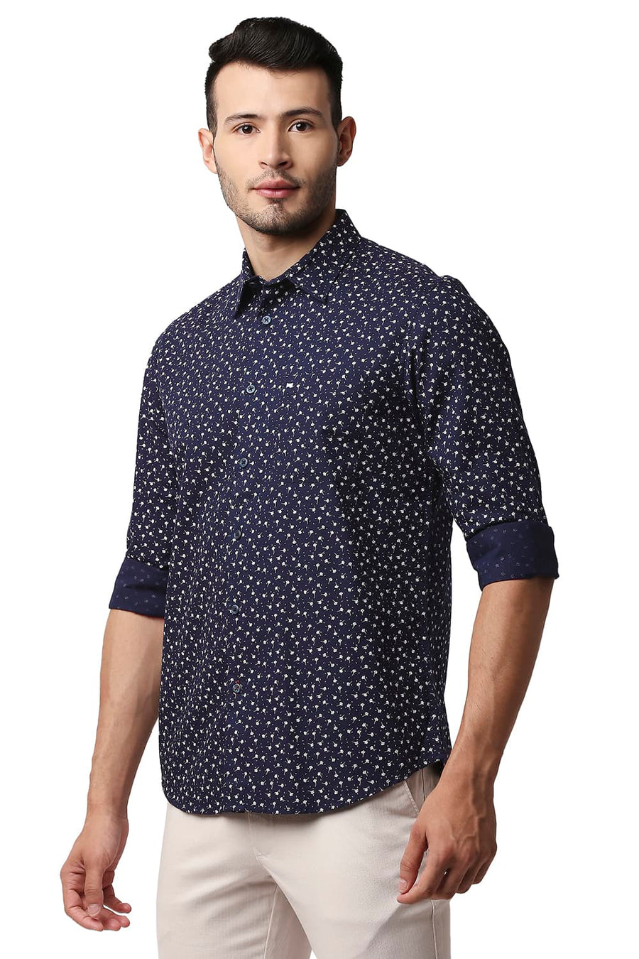 BASICS SLIM FIT INSIGNIA NAVY COTTON SLUB PRINTED SHIRT