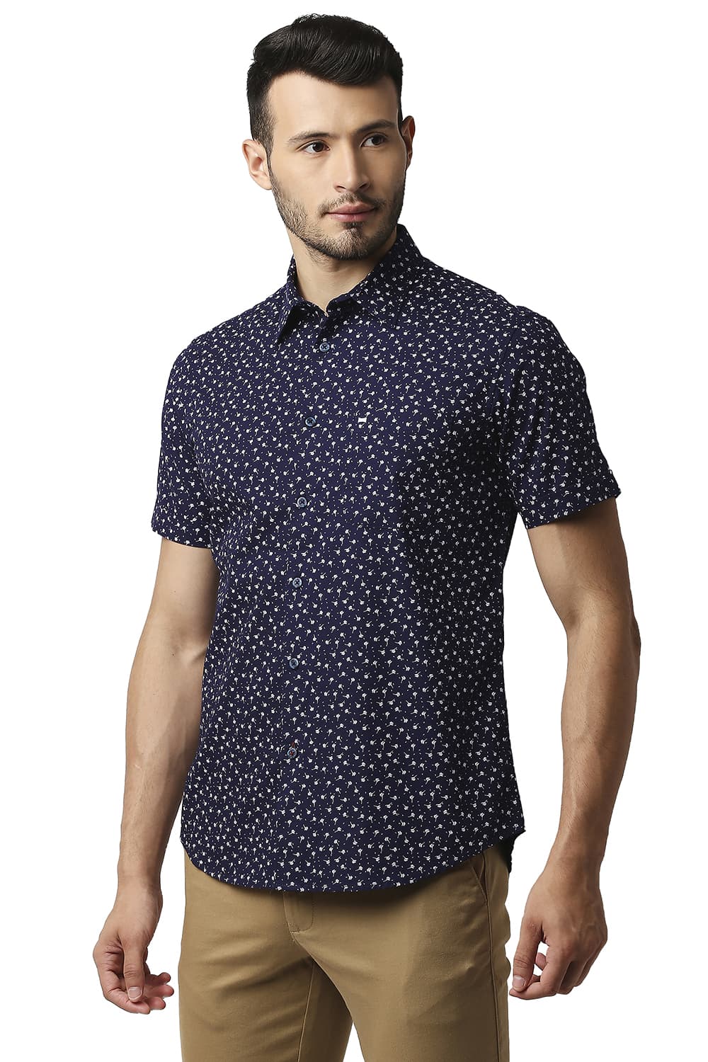 BASICS SLIM FIT COTTON SLUB PRINTED HALFSLEEVES SHIRT