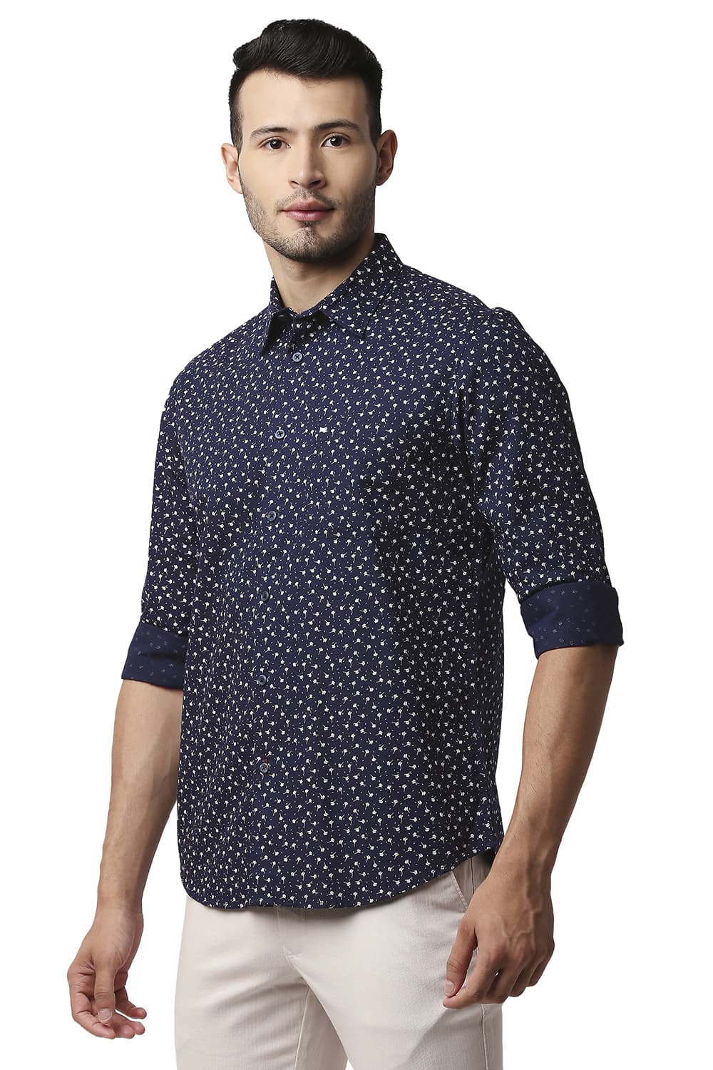 BASICS SLIM FIT COTTON SLUB PRINTED SHIRT