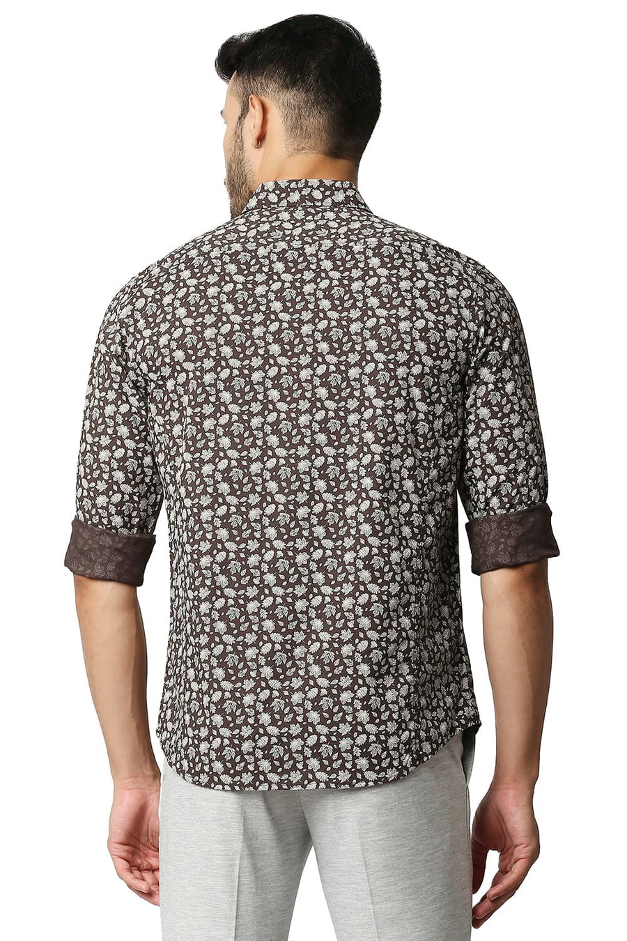 BASICS SLIM FIT FRENCH BROWN COTTON SLUB PRINTED SHIRT