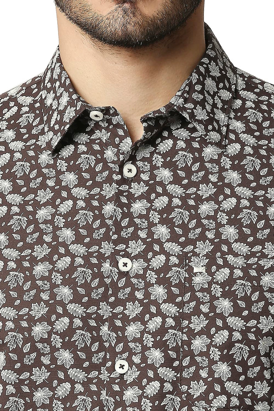 BASICS SLIM FIT FRENCH BROWN COTTON SLUB PRINTED SHIRT