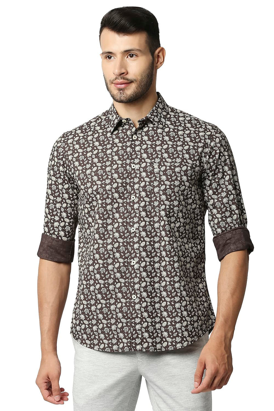 BASICS SLIM FIT FRENCH BROWN COTTON SLUB PRINTED SHIRT
