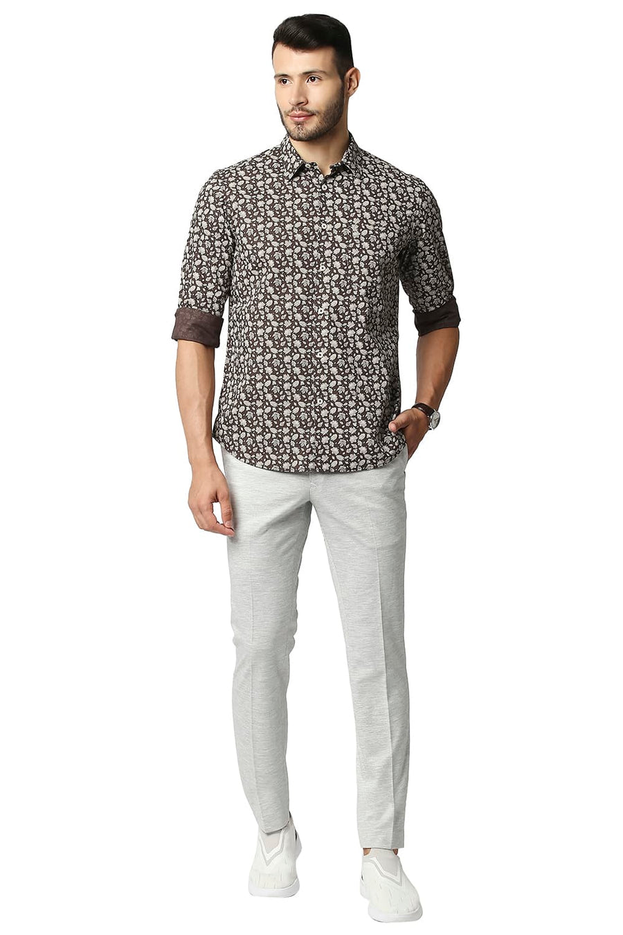 BASICS SLIM FIT FRENCH BROWN COTTON SLUB PRINTED SHIRT