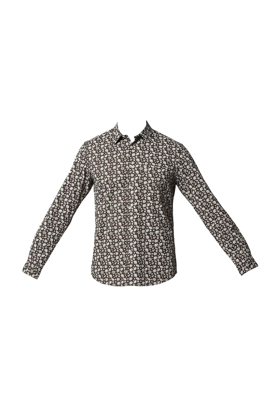 BASICS SLIM FIT FRENCH BROWN COTTON SLUB PRINTED SHIRT