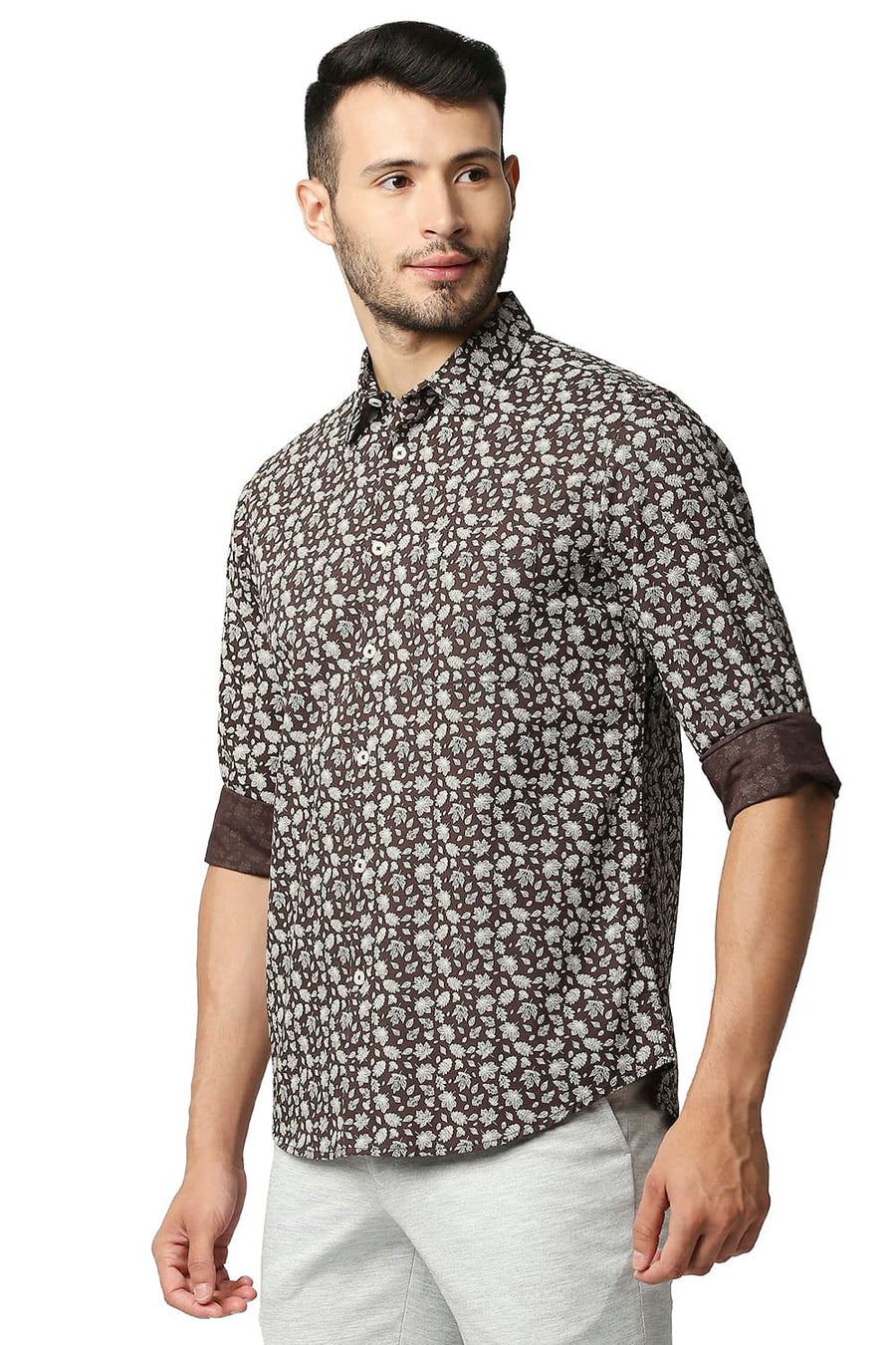 BASICS SLIM FIT FRENCH BROWN COTTON SLUB PRINTED SHIRT